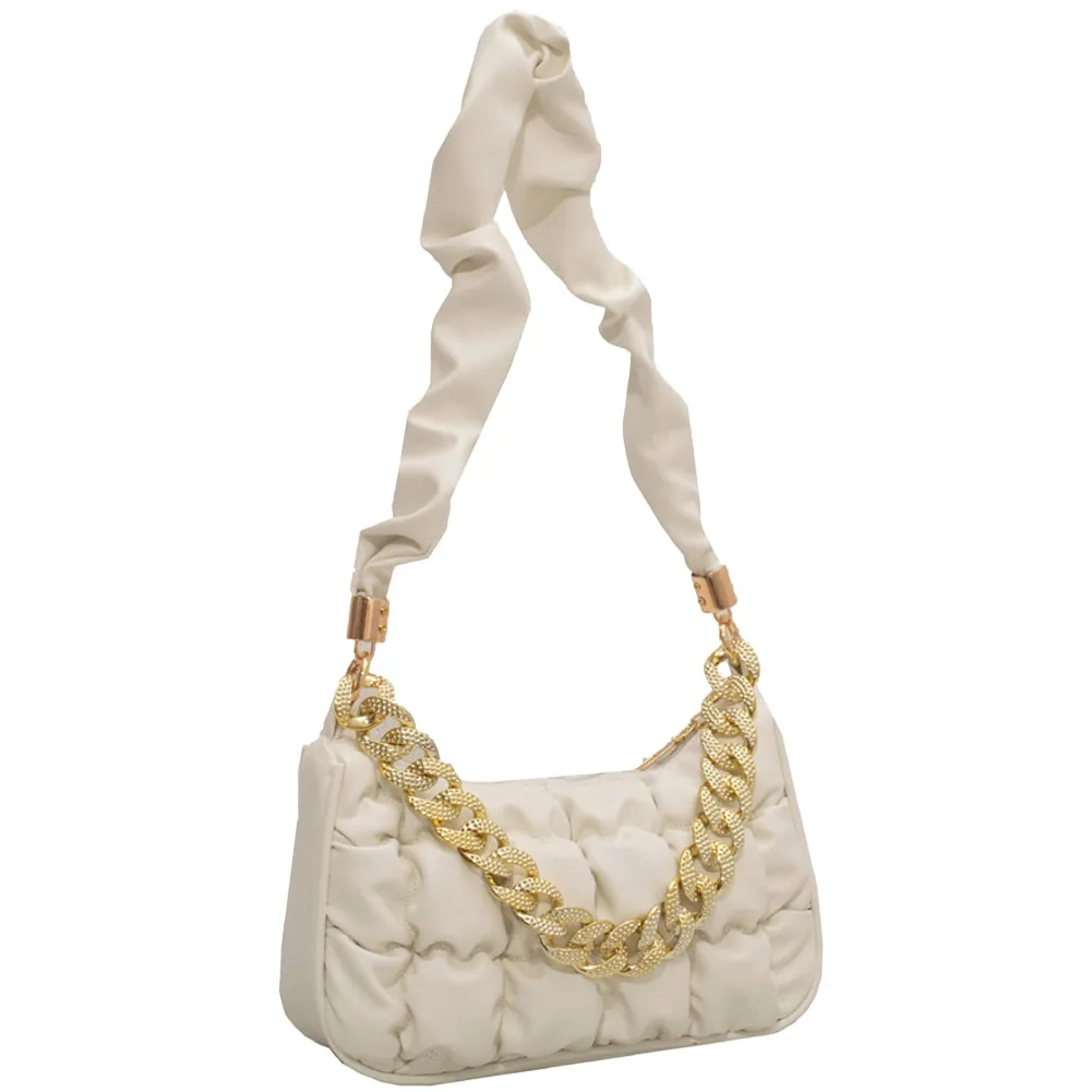 

Women Underarm Handbags Pleated PU Leather Chain Strap Shopping Tote Embroidery Trendy Simple Casual Fashion Designer Handbags