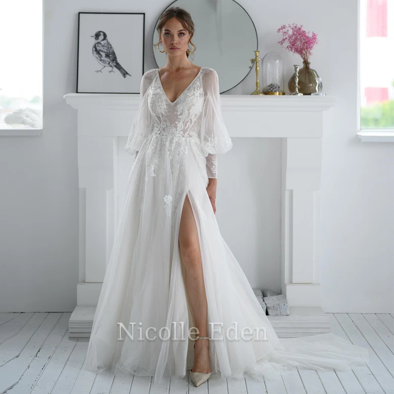 

Nicolle Eden Long Puff Sleeve Wedding Dresses V-Neck Appliques Slit Backless Formal Bridal Gown Vestidos De Novia Custom Made