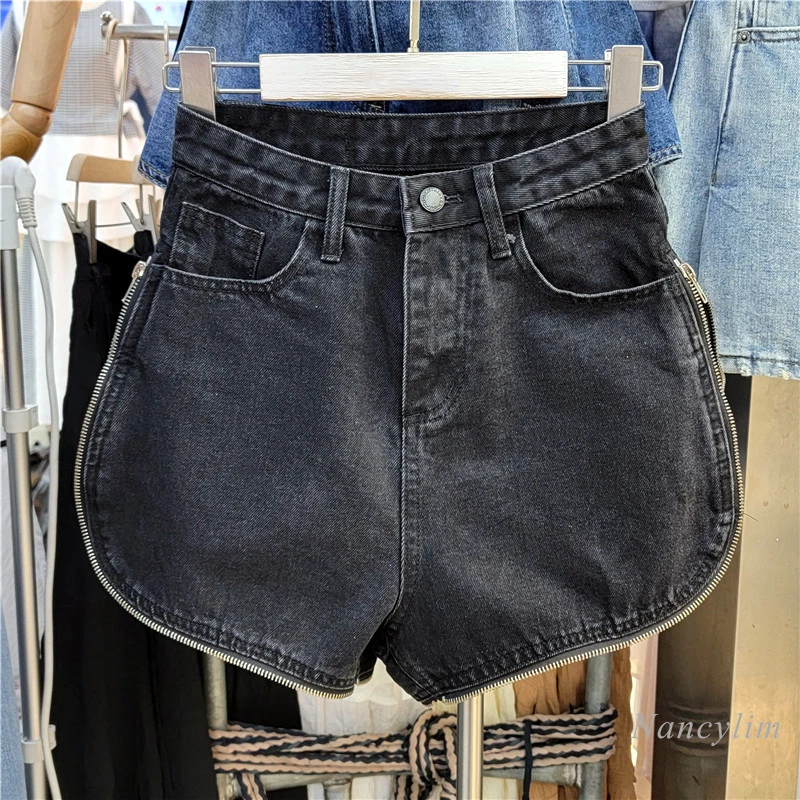 

Women's Black Denim Shorts 2022 Summer New Fashion All-Match Zipper Casual Pantalones Cortos De Mujer