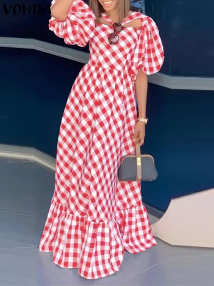 

Женское летнее платье, модное винтажное платье макси с принтом, привлекательное длинное платье-трапеция в клетку с пышными рукавами, пляжный сарафан, 2023