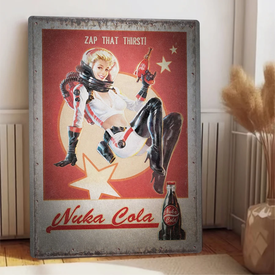 Фото Nuka Cola винтажная металлическая жестяная вывеска в стиле ретро, постер с космической тематикой для домашнего бара, гаража, декора, коллекционная настенная художественная вывеска Zap That Thirst №4