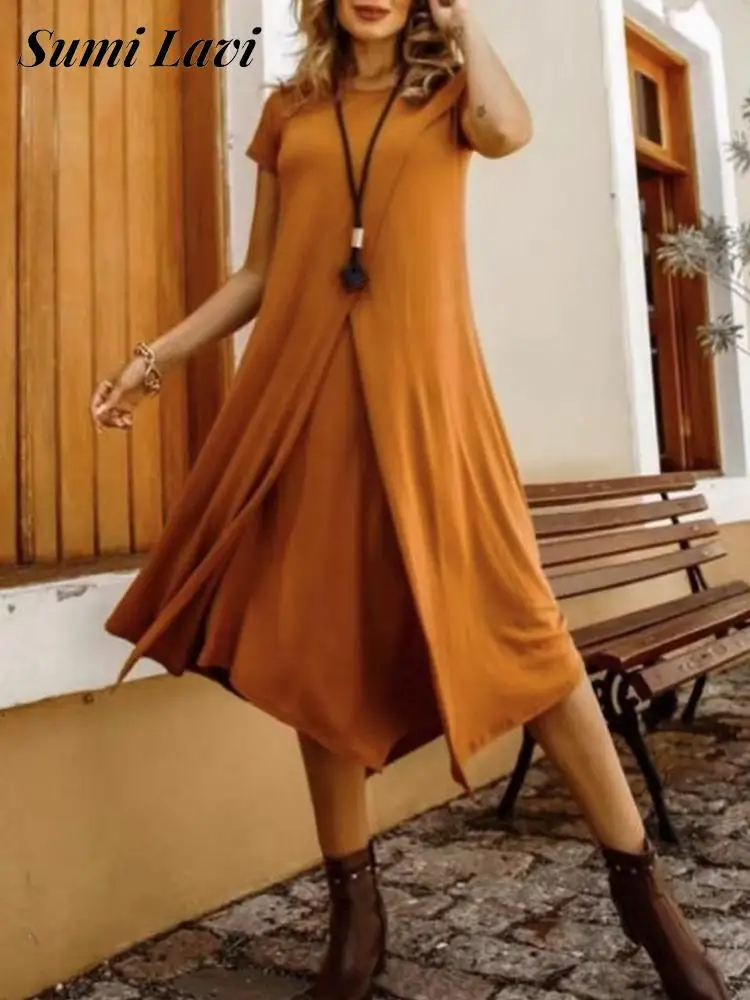 

Женское платье с широким подолом, повседневное однотонное свободное асимметричное длинное платье с разрезом и круглым вырезом, модные плат...