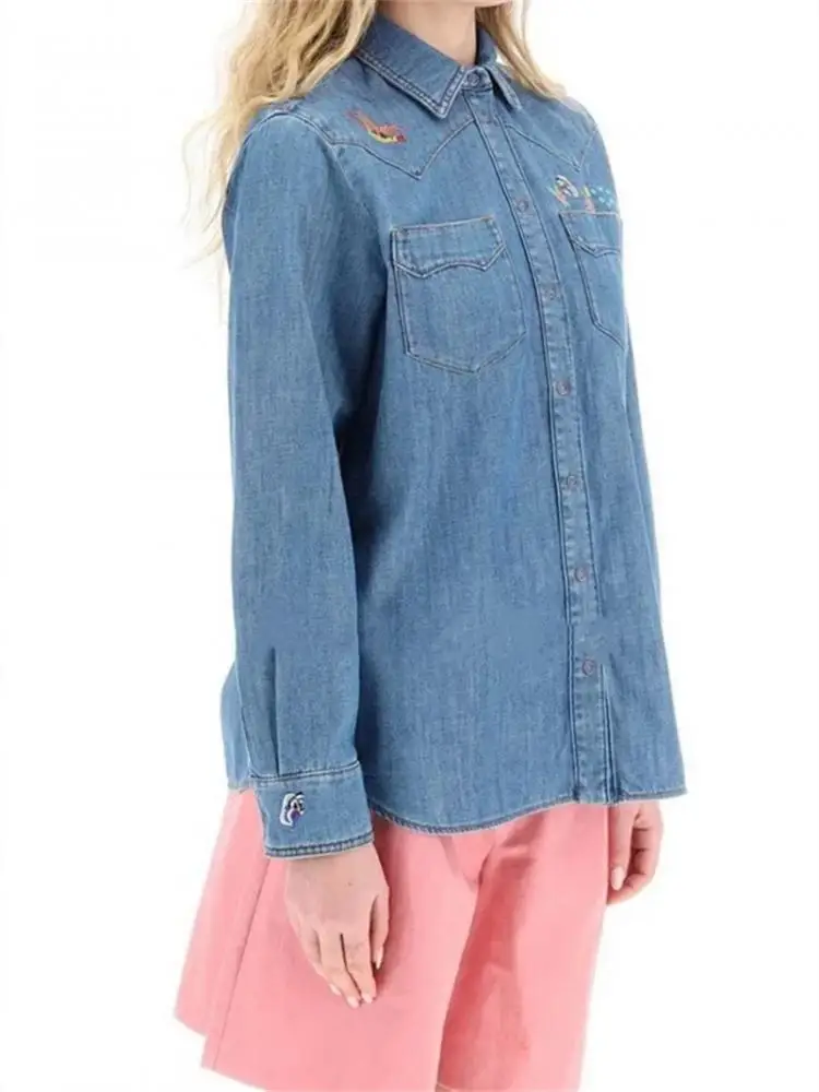 

New Women's Blue Single Breasted Denim Shirt Long Sleeve Turn-Down Collar Embroidered Bird Flower Ladies Retro Blouse