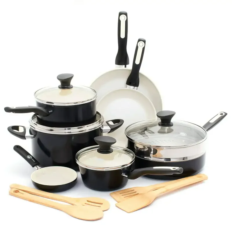 

Rio Ceramic Nonstick 16-Piece Set, Black Cooking Pot Sets for Effortless Cooking