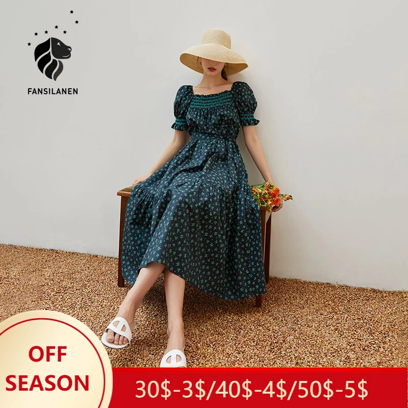 

FANSILANEN Office Lady 100% Cotton Romantic Style Square Neck Dress 2021 Summer New Style Pleated Print Square Neck Dress