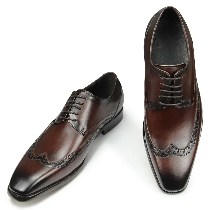 

Summer New Men Office Dress Shoes Derby Handmade Lace Up Formal Design Pig Skin Lining Brogue British Style Rubber Bottom Adult