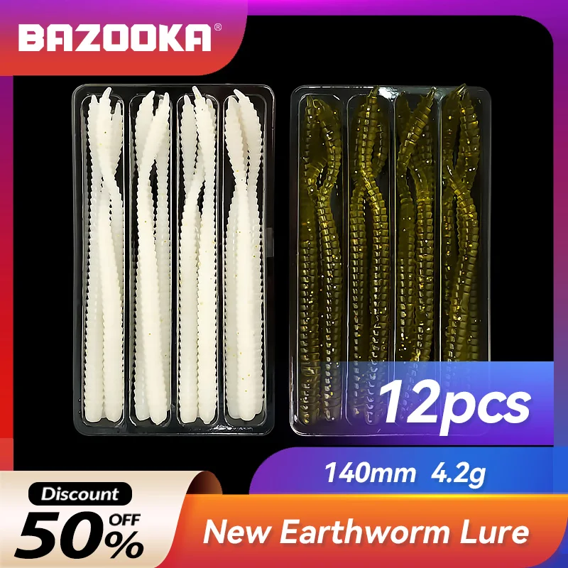 

Bazooka 12pcs EarthwormFishing Lures Worm Soft Bait Silicone Shad Wobblers Easy Shiner Swimbait Jig Head Tackle Carp Bass Pike