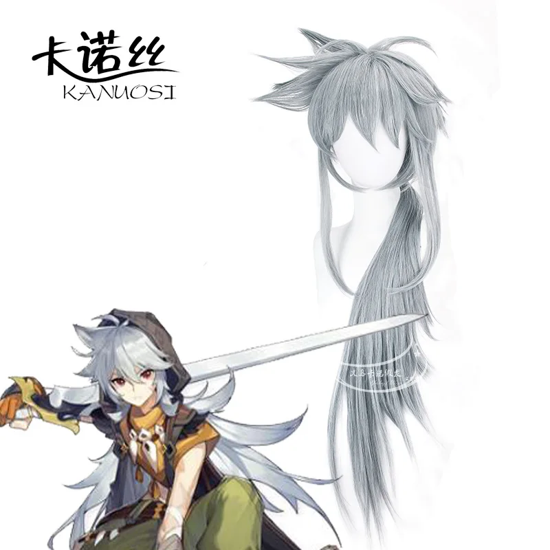 

Парик для косплея по мотивам аниме Genshin Impact, парик серебристо-серого цвета из «Легенда о волке»