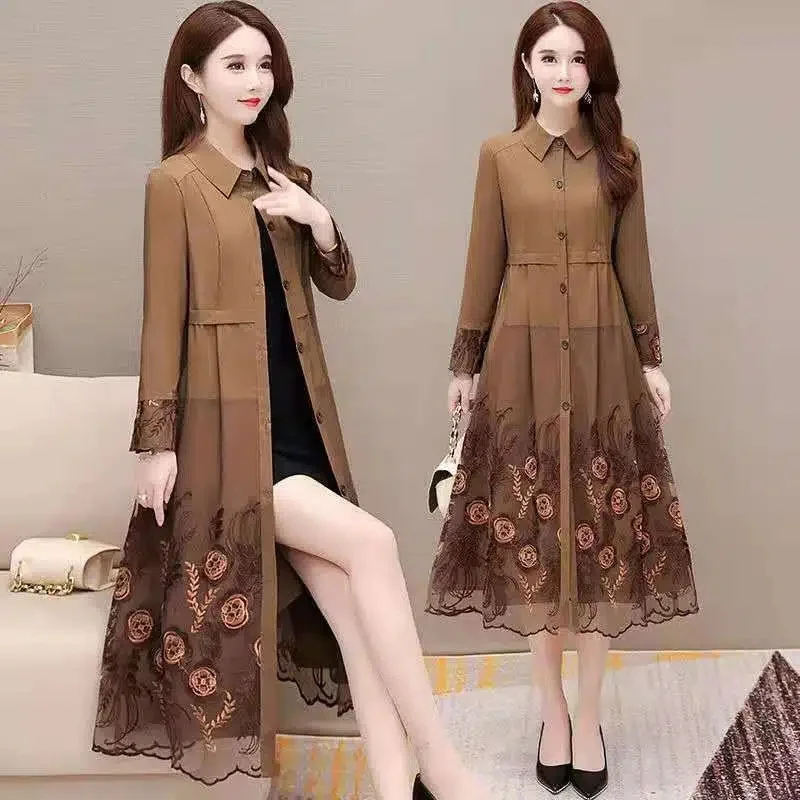 

Windbreaker Women Mid Length 2023New Western Versatile Korean Edition Embroidery Splice Over Knee Casual Spring Autumn Thin Coat