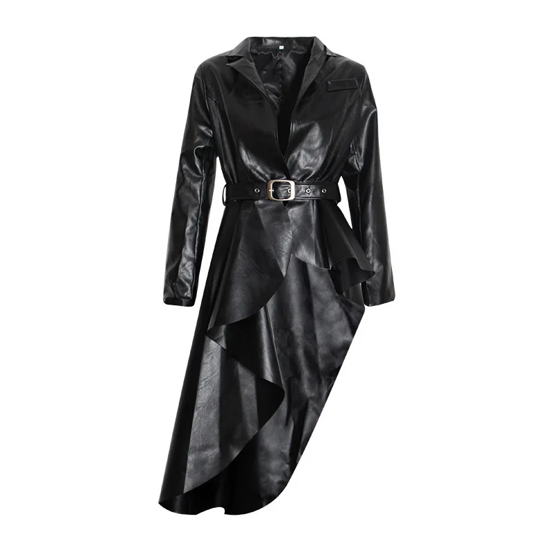 LXUNYI Ruffles Patchwork  Ladies Leather Coat Autumn 2022 Personality Asymmetry Long Sleeve celebrity Catwalk Fashionable Dress
