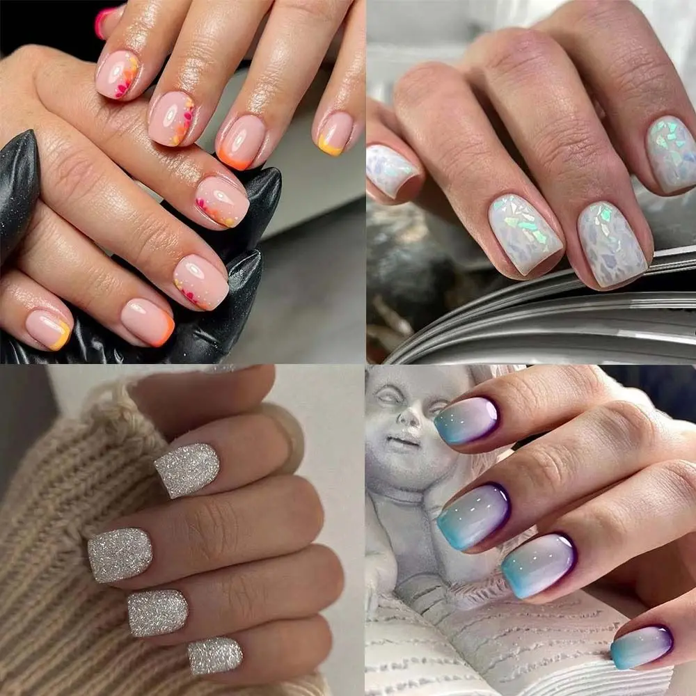 

Short Round False Nails Aurora Slices Glitter Silver Fake Nails Blue Purple Gradient Autumn Flowers Nail Tips for Salon