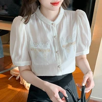 spring autumn leisure shirts women solid o neck lantern sleeve tops loose blouses single breasted shirts ladies top122f