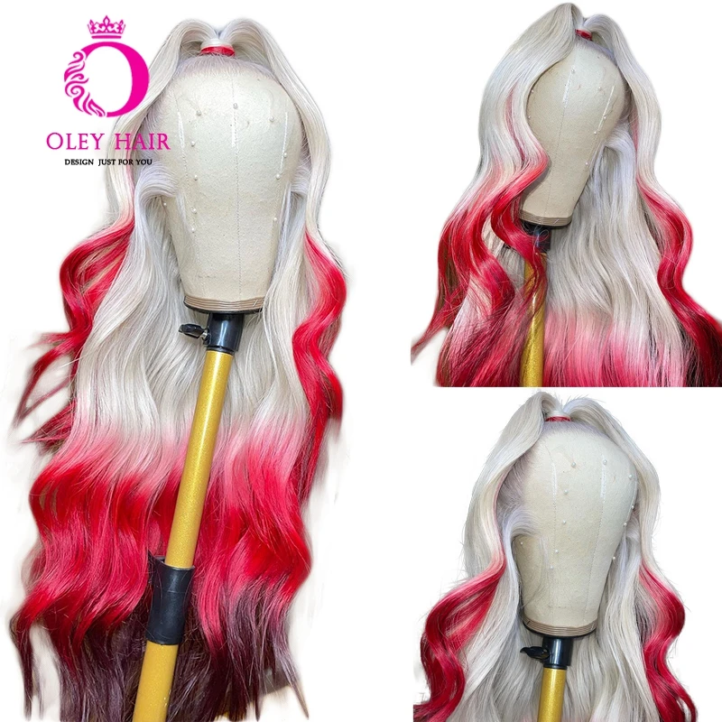 Ombre Red Platinum Blonde Body Wave Synthetic 13×4 Transparent Lace Front Wig Glueless 30 Inch Preplucked Cosplay Wigs