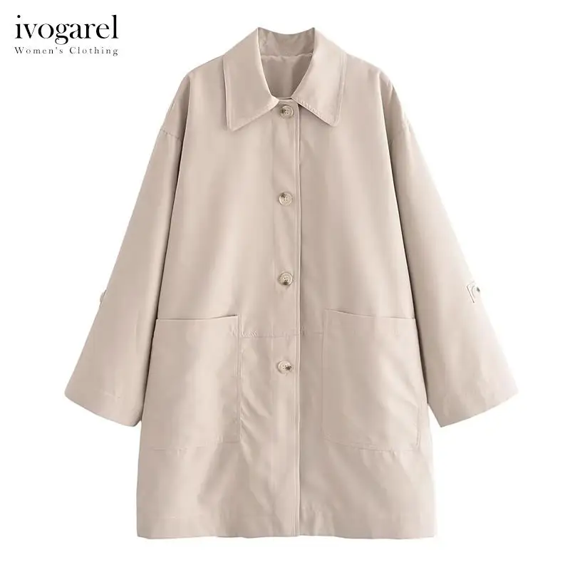 

Ivogarel Chic Elegant Oversize Trench Coat with Pockets Women's Winter Collared Trench Coat Long Flared Sleeves Back Vent Hem