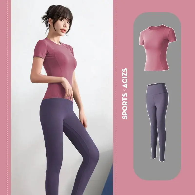 

olor Combinations Women Fashion Skinny Sexy Running Gym Beginner Exercise Set Sport T-shirt And Sport Pants Sport Suit Tracksuit