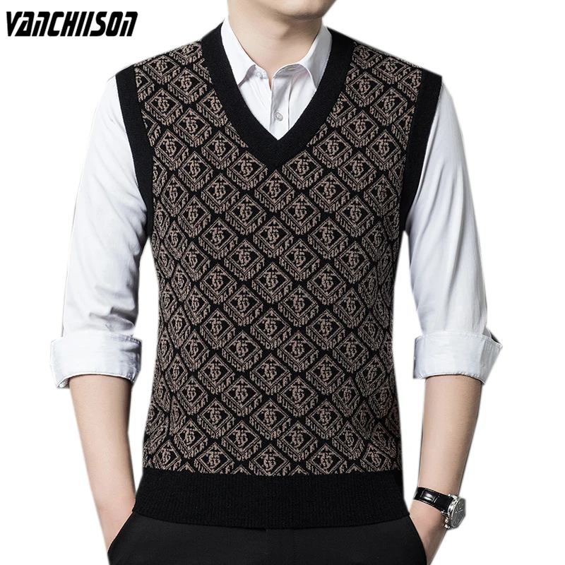 

Men Vintage Knit Vest Sweater Jumpers Sleeveless Tank 6.5% Wool V Neck Basic for Autumn Winter Argyle Retro Casual LM535