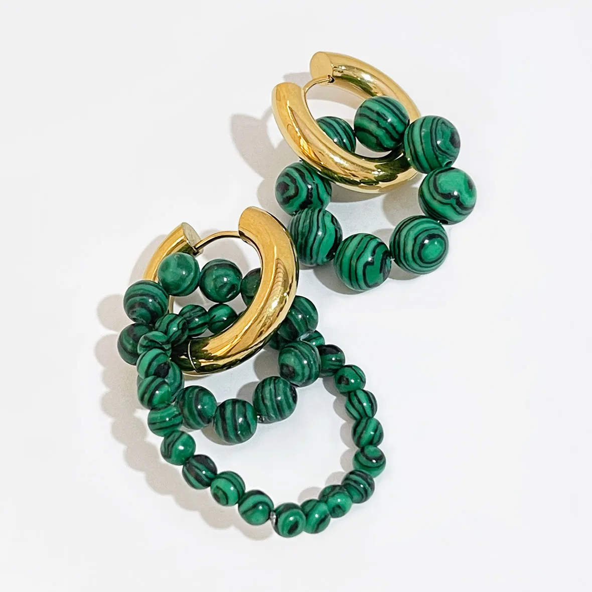 

Peri'sBox Vintage Green Malachite Beaded Asymmetric Hoops Earring Stainless Steel Huggie Hoop Earrings For Women Jewelry