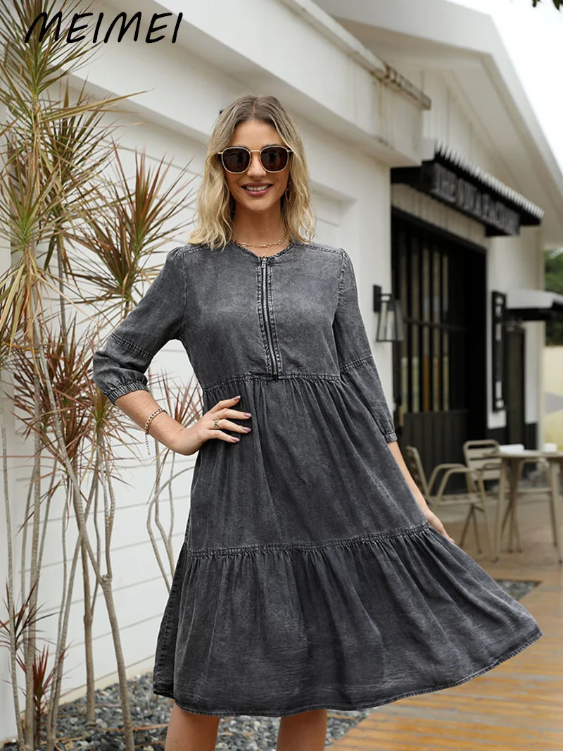 

Y2k Black O Neck Zipper Patchwork Pleats Distress Denim Dresses Vintage Three Quarter Sleeve Knee-length Maxi Dress for Women