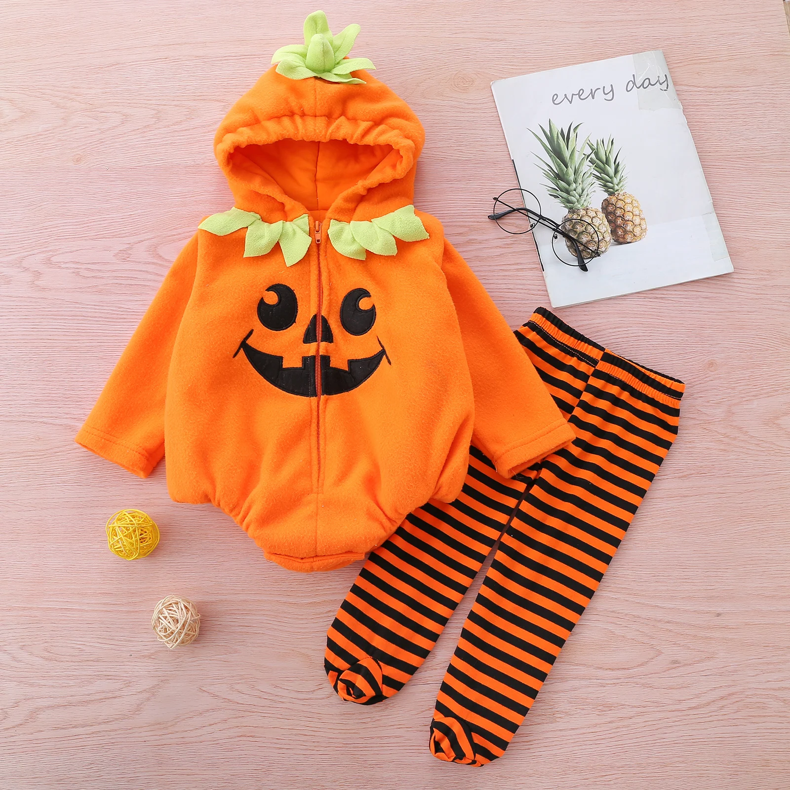 

Toddler Baby's Clothes Halloween Costumes Outfits Long Sleeve Pumpkin Hooded Bodysuit Footed Pants Children's Clothing Set