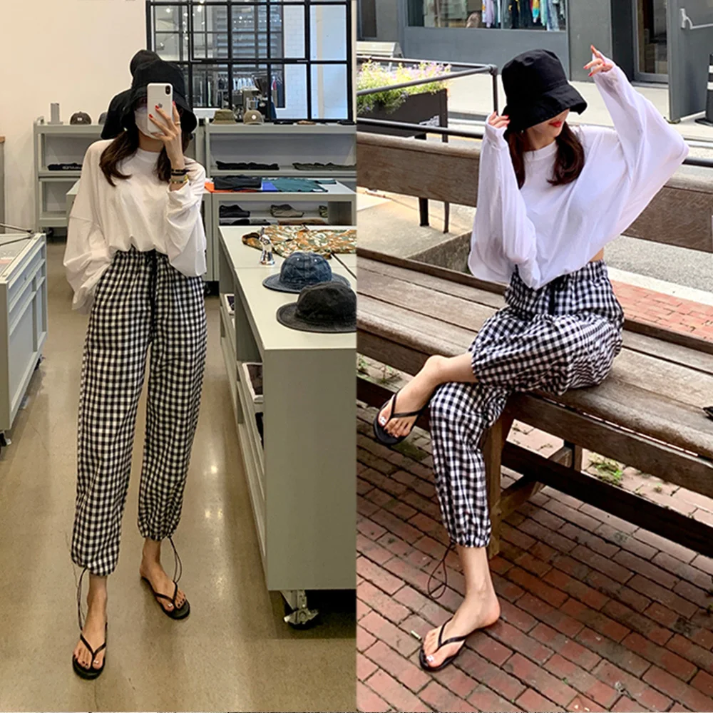 

Сетчатые красные летние тонкие клетчатые эластичные широкие брюки в западном стиле с высокой талией