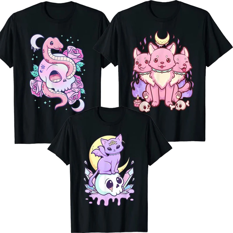

Kawaii Pastel Goth Cute Creepy Witchy Cat and Skull T-Shirt Cartoon Creepy-Skull Serpent Snake Roses Shirts 3 Headed Dog Clothes