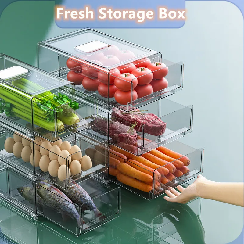 

Kitchen Refrigerator Drawer Storage Box Fruit Vegatable Fresh-keeping Storage Bin Stackable Fridge Organizer Pantry Cabinet Box