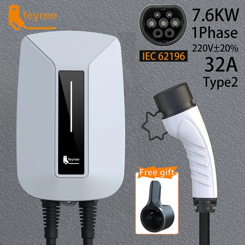 

Feyree Зарядное устройство для электромобилей Type2 Разъем EVSE Wallbox 32A 7KW IEC62196-2 Разъем 1 фаза 5 м Кабель Настенная зарядная станция для электромобиля