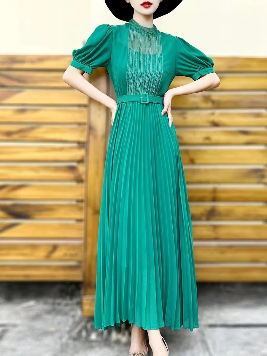 

Женское длинное платье с поясом, элегантное облегающее платье с воротником-стойкой и коротким рукавом, кружевное лоскутное плиссированное платье с широким подолом, Новинка лета 2023