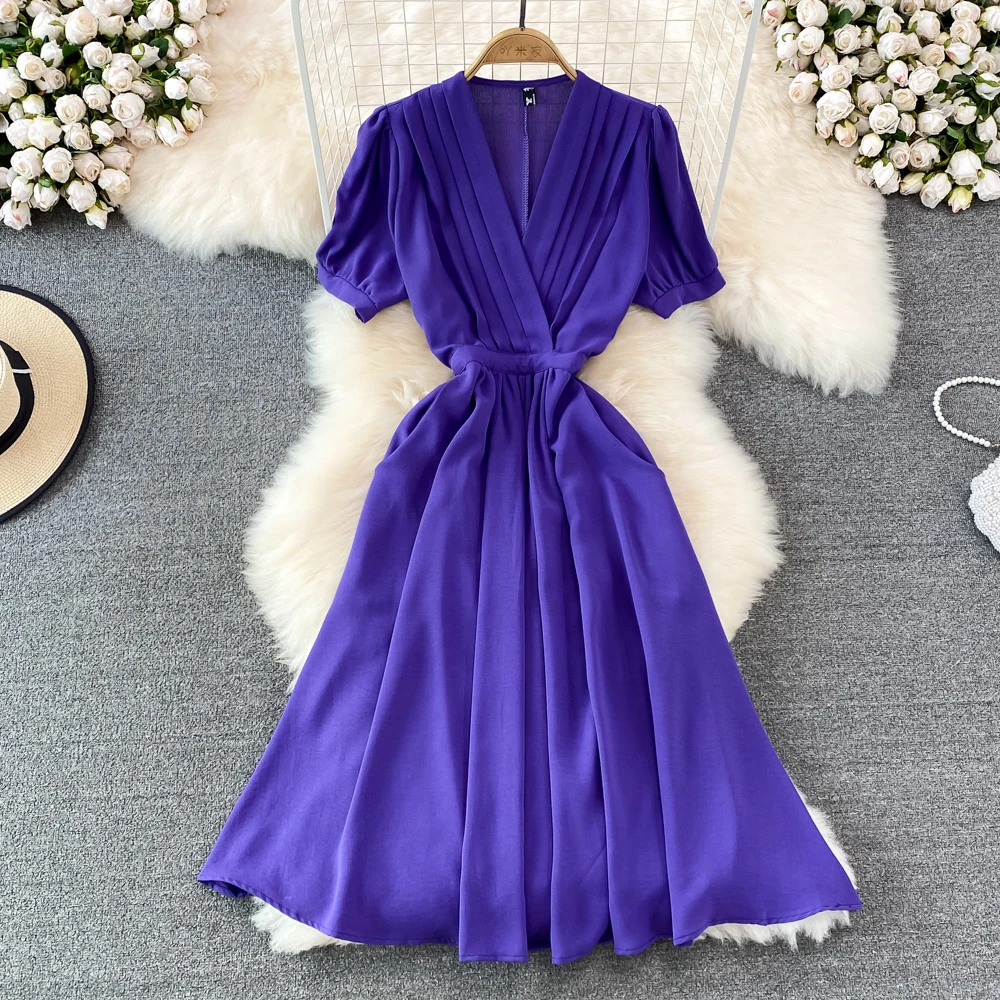 

Женское плиссированное платье на завязках, повседневное однотонное облегающее платье с V-образным вырезом и коротким рукавом, Новинка лета 2022