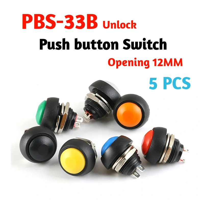 

5Pcs 2Pin Mini Switch 12mm 1A waterproof switch pbs33b 12v momentary Push button Switch reset Non-locking pbs-33b