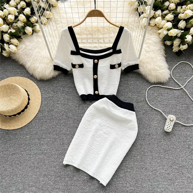 

Women Summer Buttons Suit Square Collar Knitted Short Sleeve Tops Skirts 2 Pieces Clothing Sets