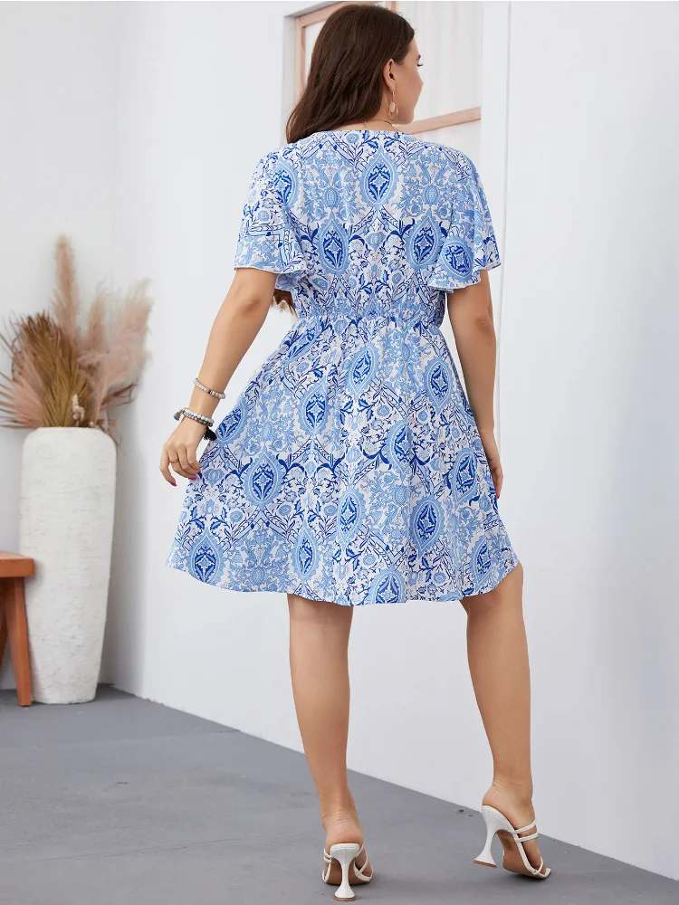 Summer Print Blue Underlay Cutout Over Knee Temperament Commuter Large Swing Dress plus size outfits summer dresses