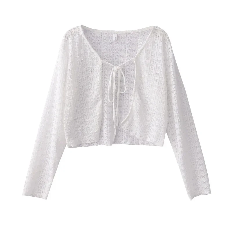 New Arrival Early Autumn Japanese Style Sweet Heart Lace Thin Cardigan Loose Fit Versatile Small Jacket Top V-Neck Collar