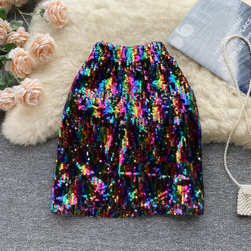 

Spicy Girl Skirts High Waist Elastic Sequined Jupe A-line Mujer Faldas Mini Rainbow Bust Skirt Casual Women Clothes Dropshipping