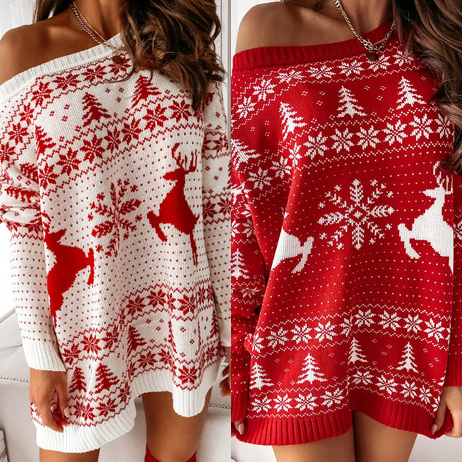 

Women Christmas Knitted Dress Snow Deer Pattern Female Dresses For Women Long Sleeve Sexy Slash Neck 2023 Christmas Party Dress