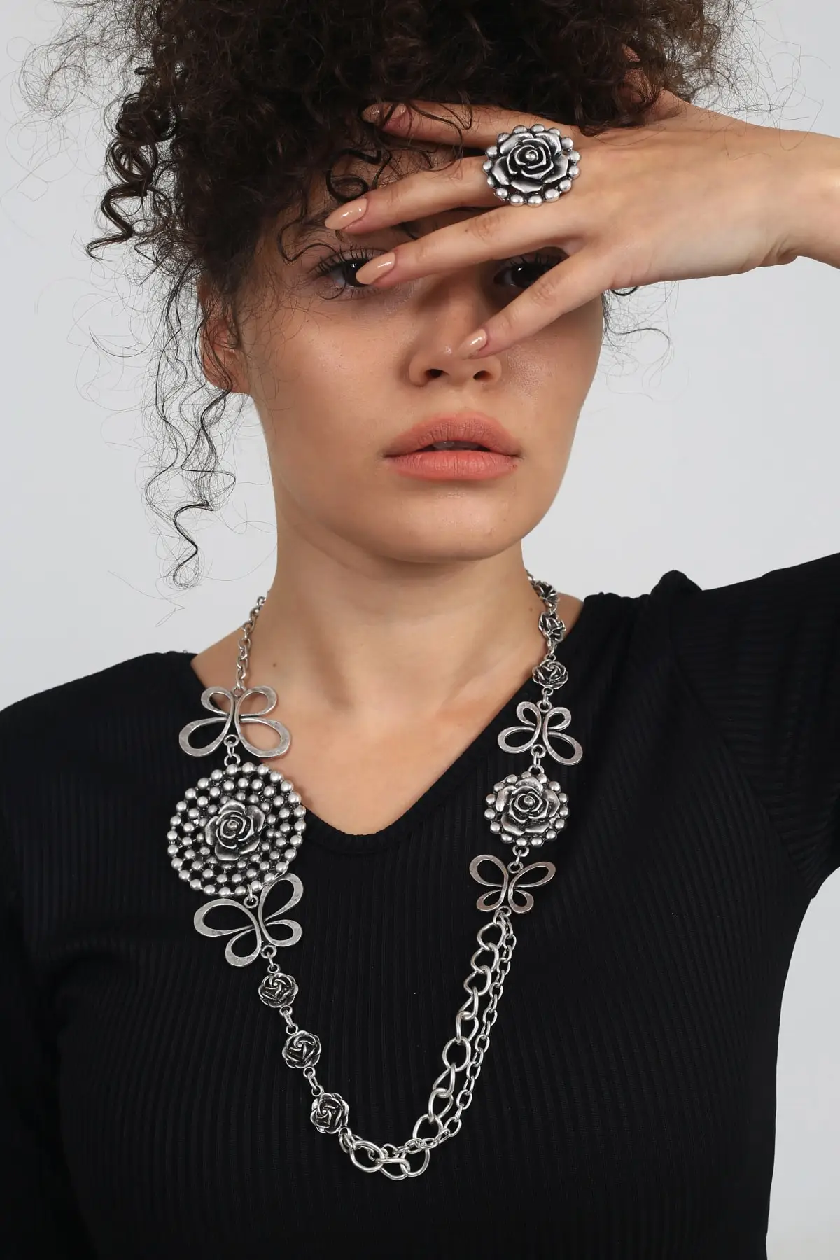 

Женское Ожерелье с серебряным покрытием и регулируемое кольцо 2 шт. Комплекты комбин