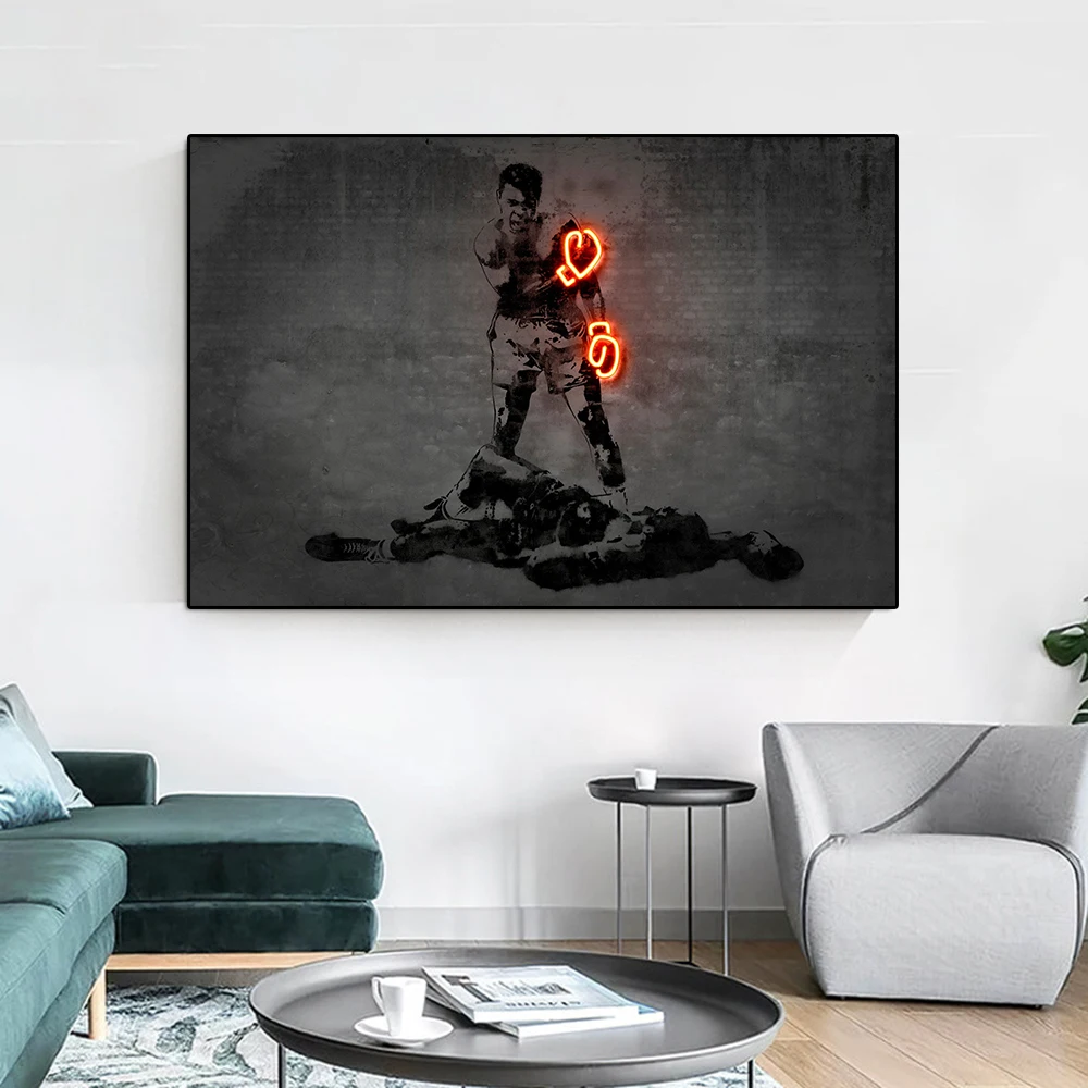 Известный боксерский плеер Ali портрет холст живопись неоновый эффект настенный