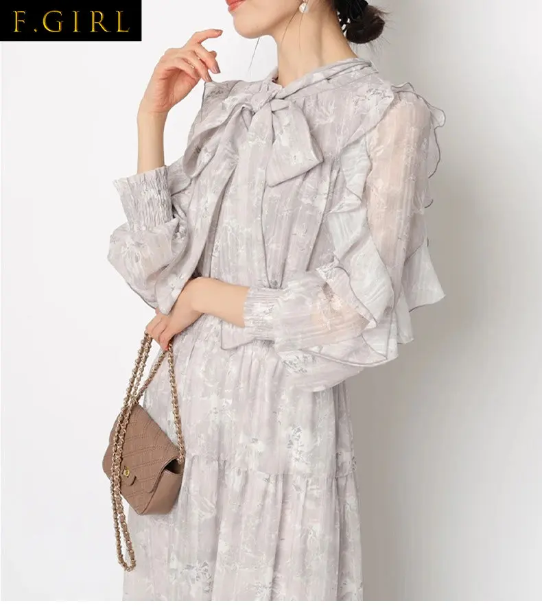 

Fresh Print Ruffles Long Sleeve Dress Stand Collar Lace Up Bow Spring Dresses Women Fairy Vestidos Tunic Pleated Robe Femme