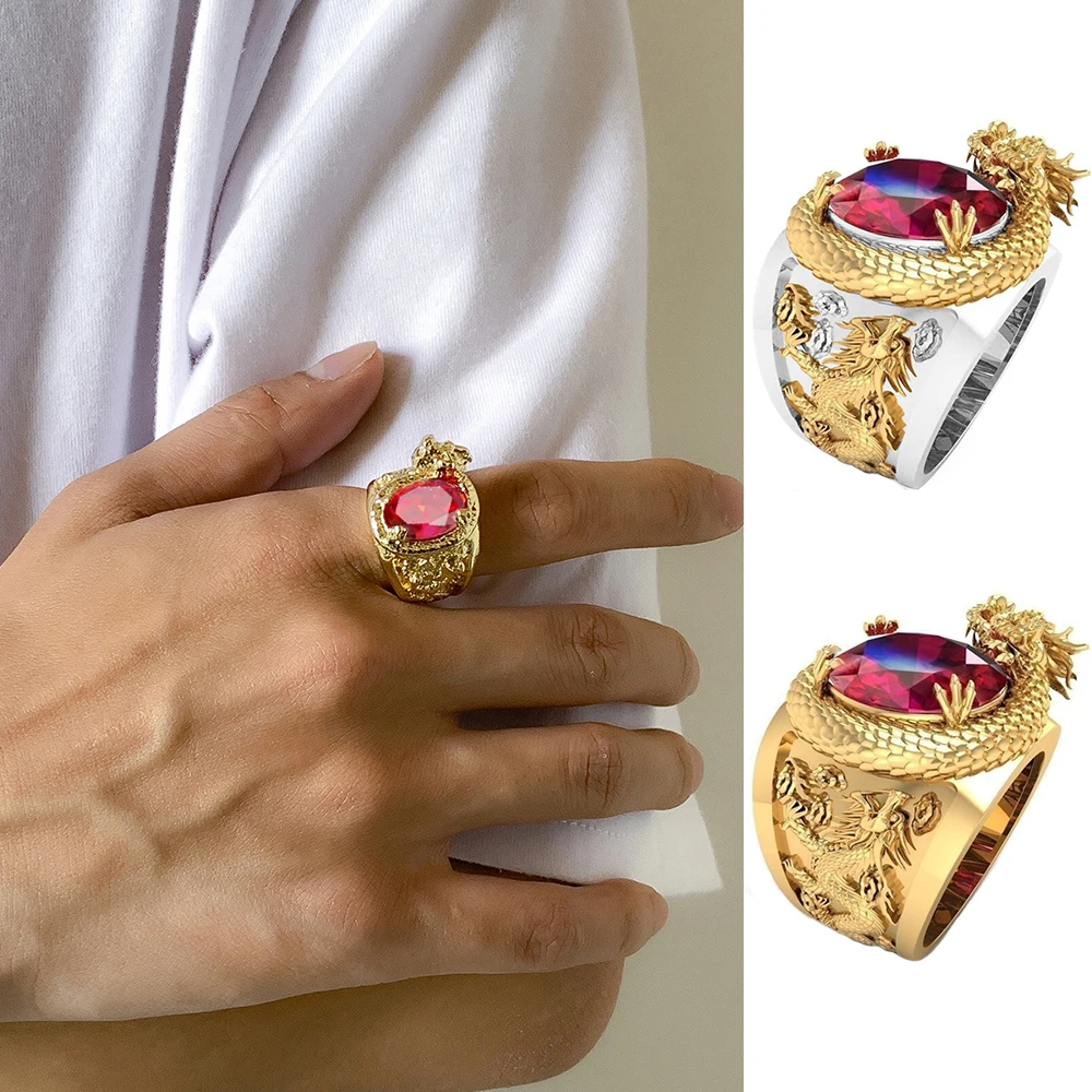 

Vintage Style Dragon Silver Gold Ruby Zircon Jewelry Fashion Men Animal Punk Finger Rings