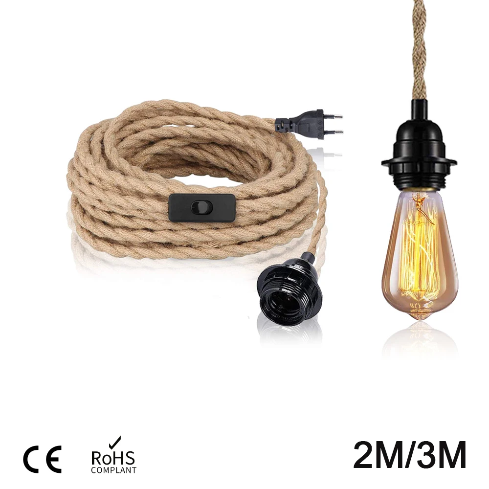 

Vintage Style Hemp Rope Pendant Light Cord Kits 2M 3M 4.5M EU Plug Switch E27 Vintage Lamp Holder for Simple Hanging Lamp Decor
