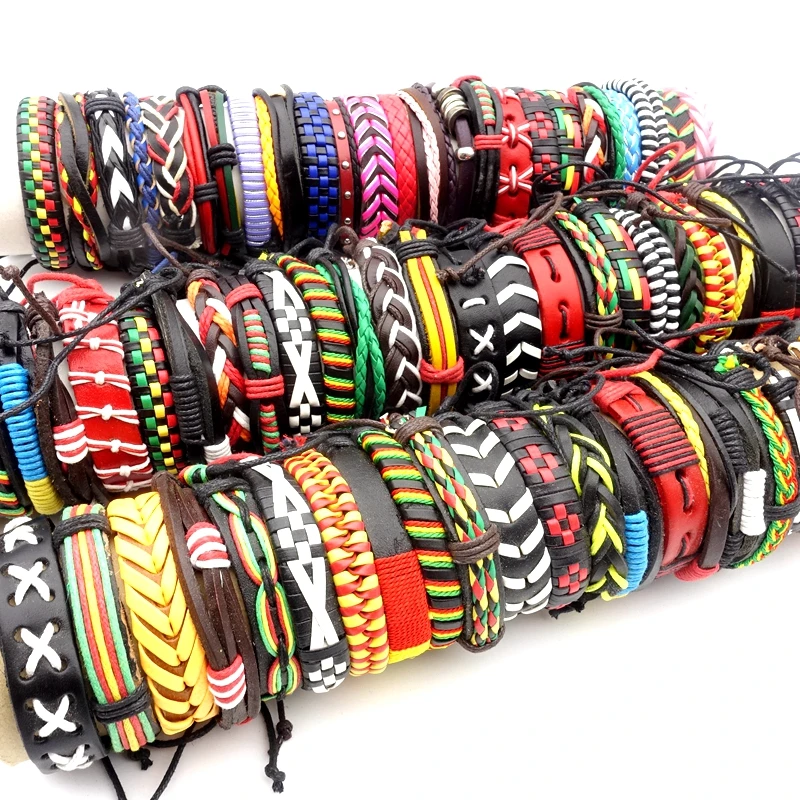 50 шт. разноцветные кожаные браслеты-манжеты для мужчин и женщин