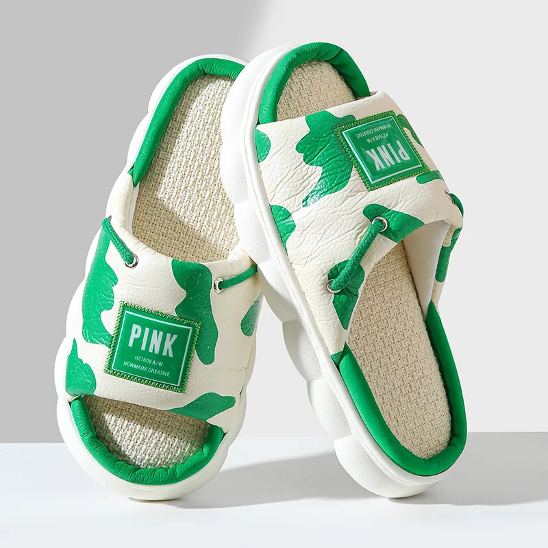 Home Linen Slippers for Women Spring Summer Breathable Cozy Flip Flops Girls Platform Cloud Cow Spots Sandals Ladies Shoes Slide