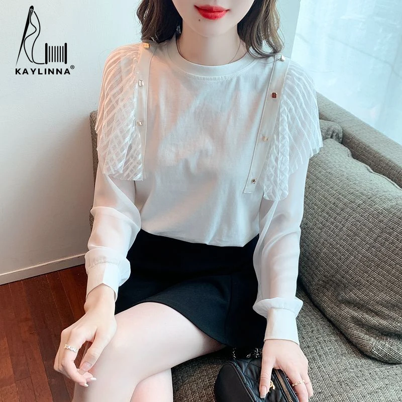 KAYLINNA Blouse Women Office Lady O-Neck Spliced Patchwork Long Puff Sleeves Female Blouses Woman Shirt Top Women's Clothing
