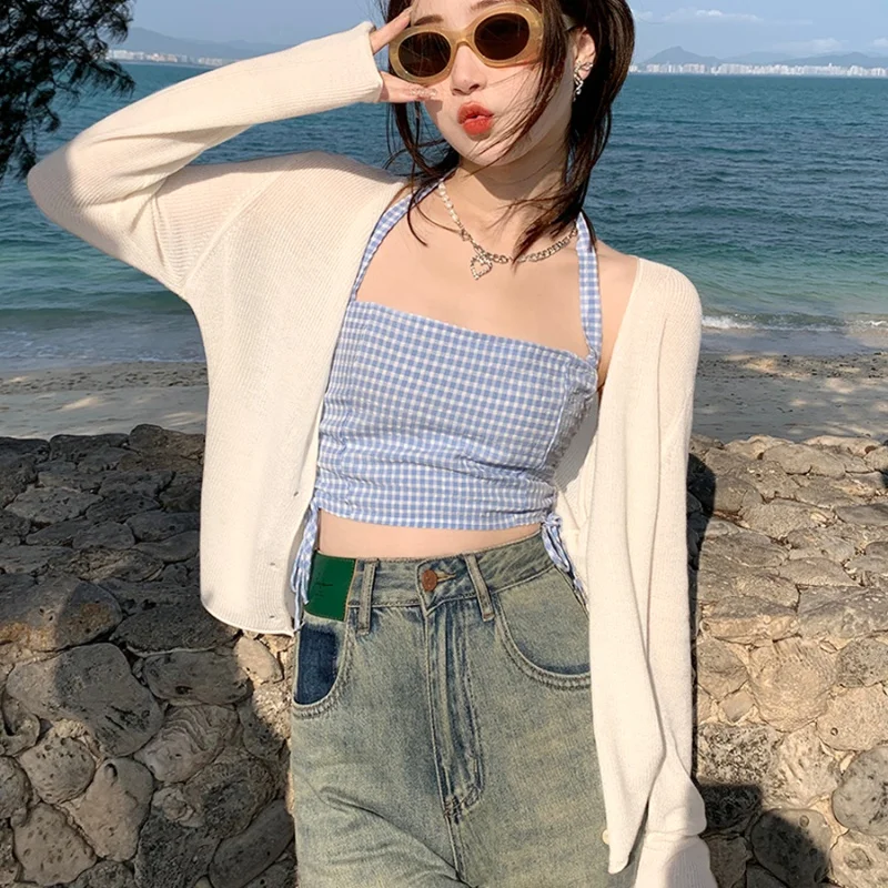 GAODINGLAN Летний Тонкий вязаный кардиган женская рубашка с длинным рукавом из