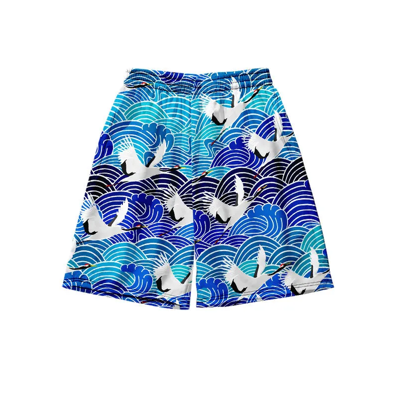 Summer Men Loungewear Shorts Print Crane Chinese Beach Pajamas Pant Large Size S-4XL Elastic Waist Loose Home Trousers