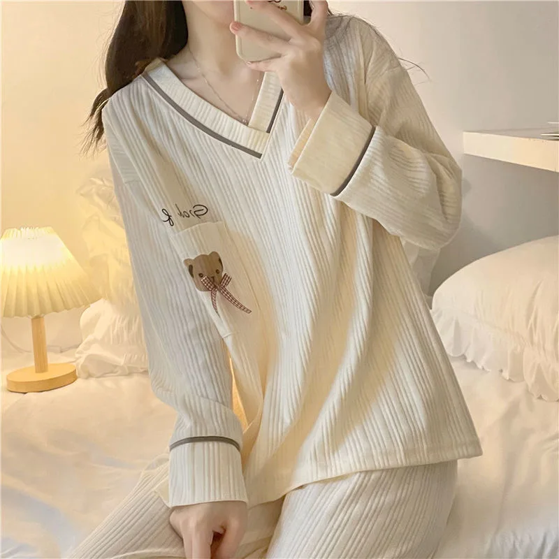 Korean style Women Pajama Sets Spring Autumn Long Sleeve Bear Print Nightwear Loose Elegant Pyjamas Female Leisure 2-piece