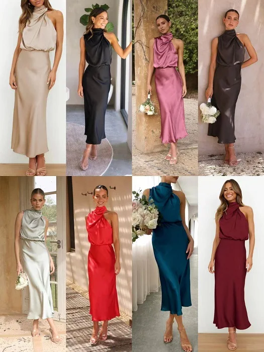 

Stain Silk Women Dresses Sexy Evening Party Sleeveless Off Shoulder Bodycon Elegant Maxi Dresses for Women 2023 Summer Wedding