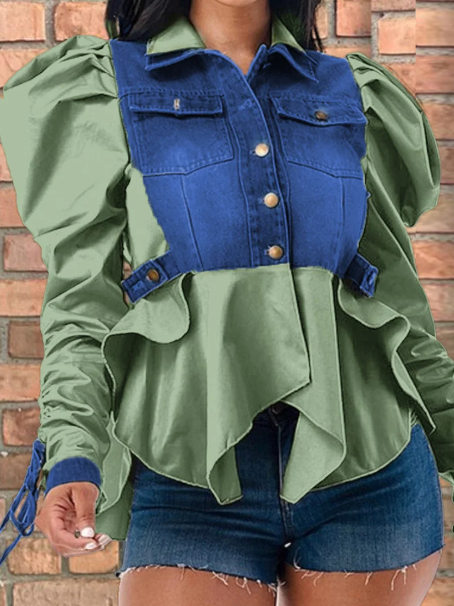 

LW Puff Sleeve Fold Design Denim Jacket Patchwork Gigot Sleeves Turndown Collar Stitching Way Fashion Street Outwears For Women