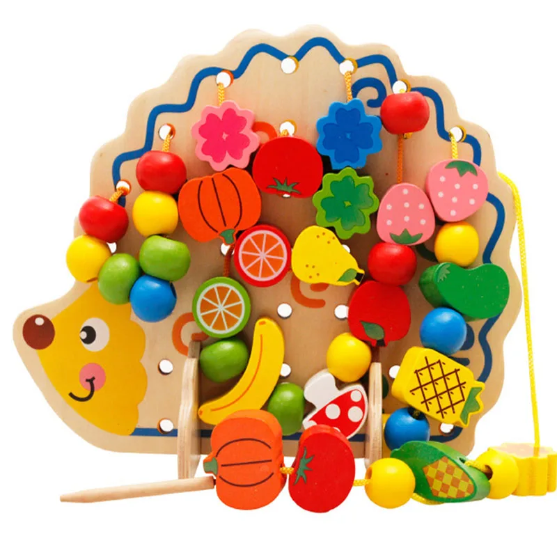 

Wooden Fruits Vegetables Lacing Stringing Color Beads Toys With Hedgehog Board Montessori Early Education Children Gift Kids Toy