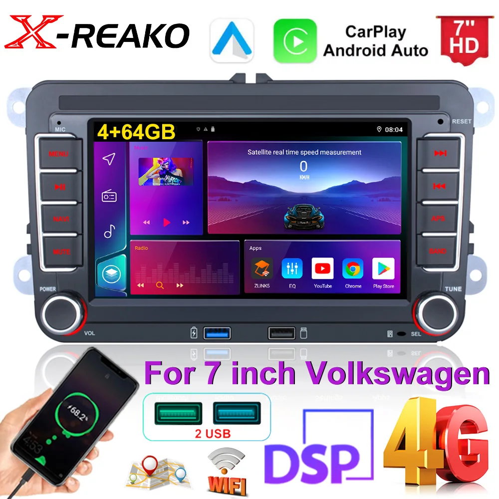 Фото Автомагнитола 2 Din, 7 дюймов, Android 12, мультимедийный плеер с сенсорным экраном для Volkswagen, GPS, Wi-Fi, FM, Bluetooth, 4G, Авторадио Carplay №1